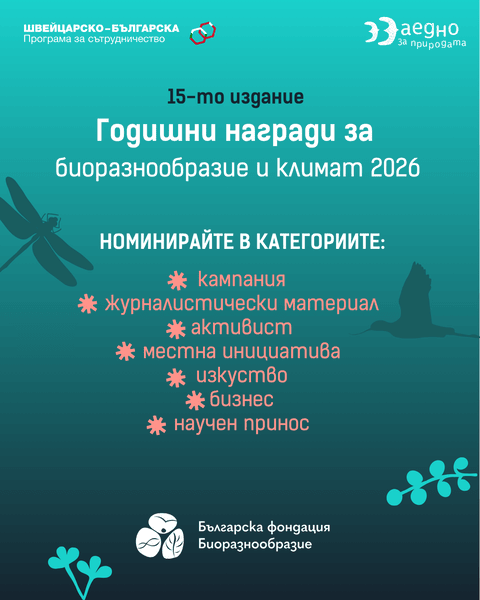 Годишни награди на Българска фондация „Биоразнообразие“ – покана за участие 2026